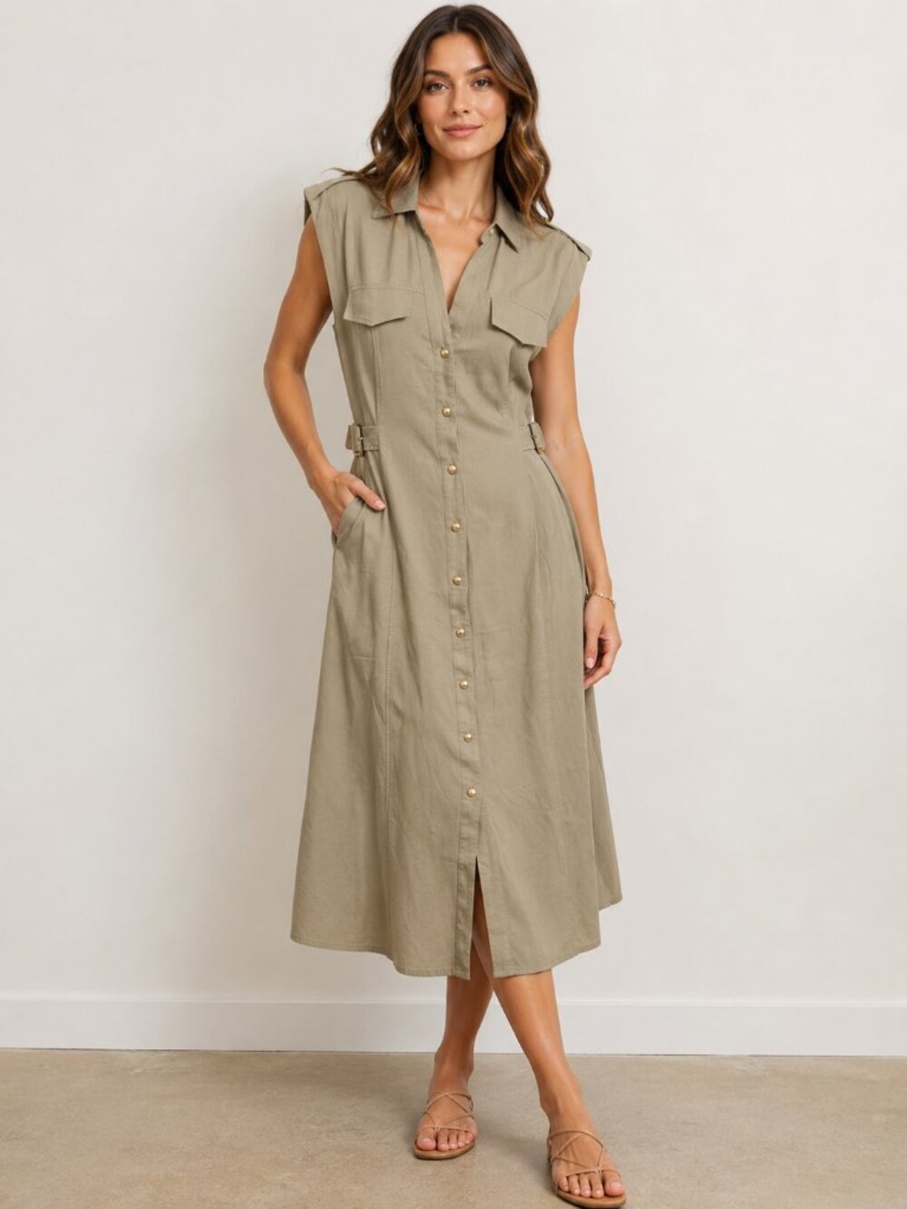 NWT Linen Blend Ellen Tracy Khaji Sleeveless Shirtwaist Maxi Dress Lagenlook - S